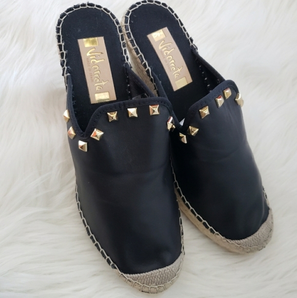 Vidoretta Black Leather Studded Raffia Jute Wedge Sandals Size 11 - Picture 6 of 11